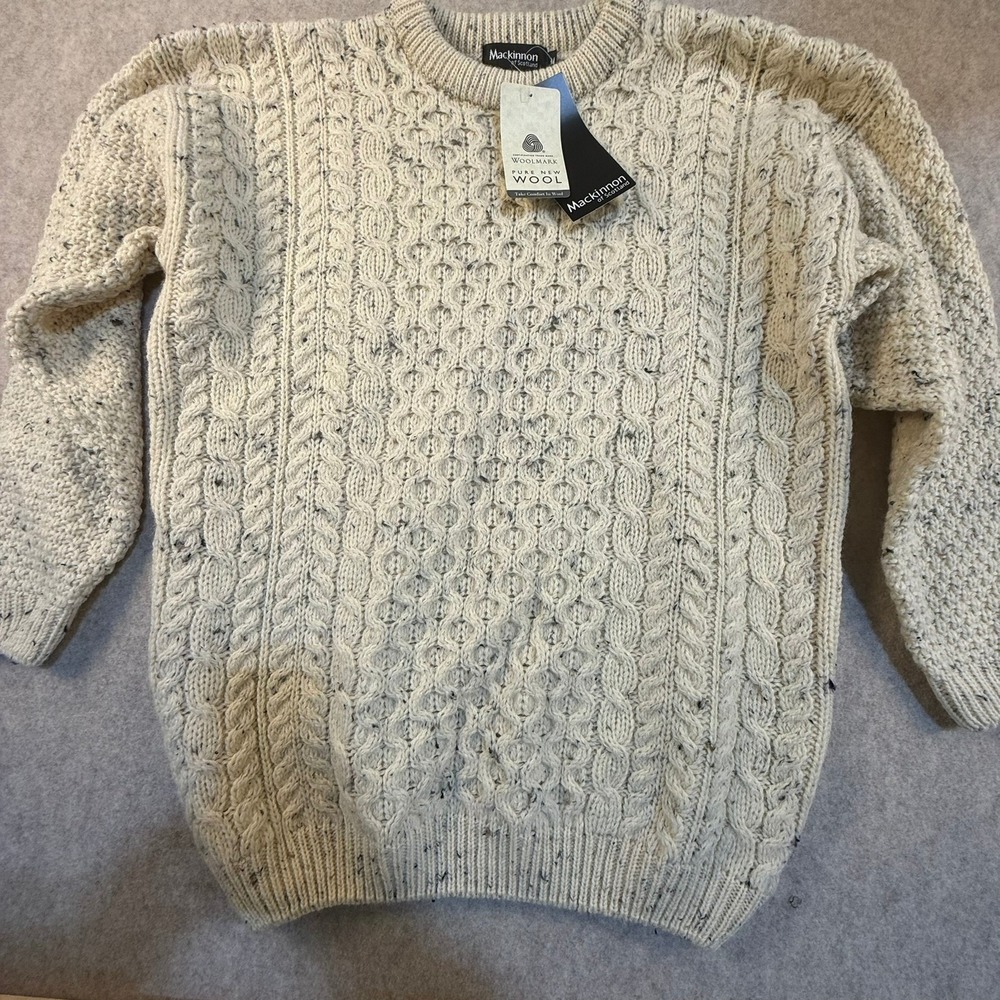 Mackinnon of Scotland Mens Pure New Wool Cable Knit Sweater Cream Donegal M